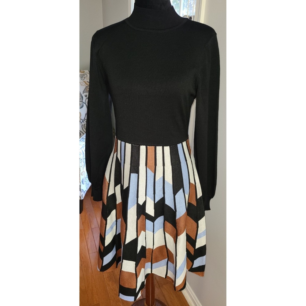 Nina Leonard Knit Fit & Flare Sweater Dress Black, Brown, Blue Geo Print size L